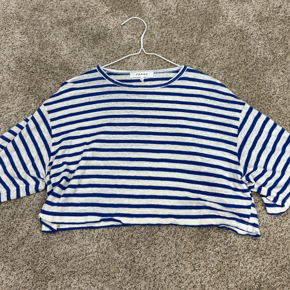 3 for $18 SALE FRAME 100% LINEN Blue and White Striped Short Sleeve Tee